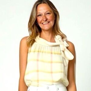 Cato Women's Plaid High Neck Sleeveless Blouse Yellow Size L